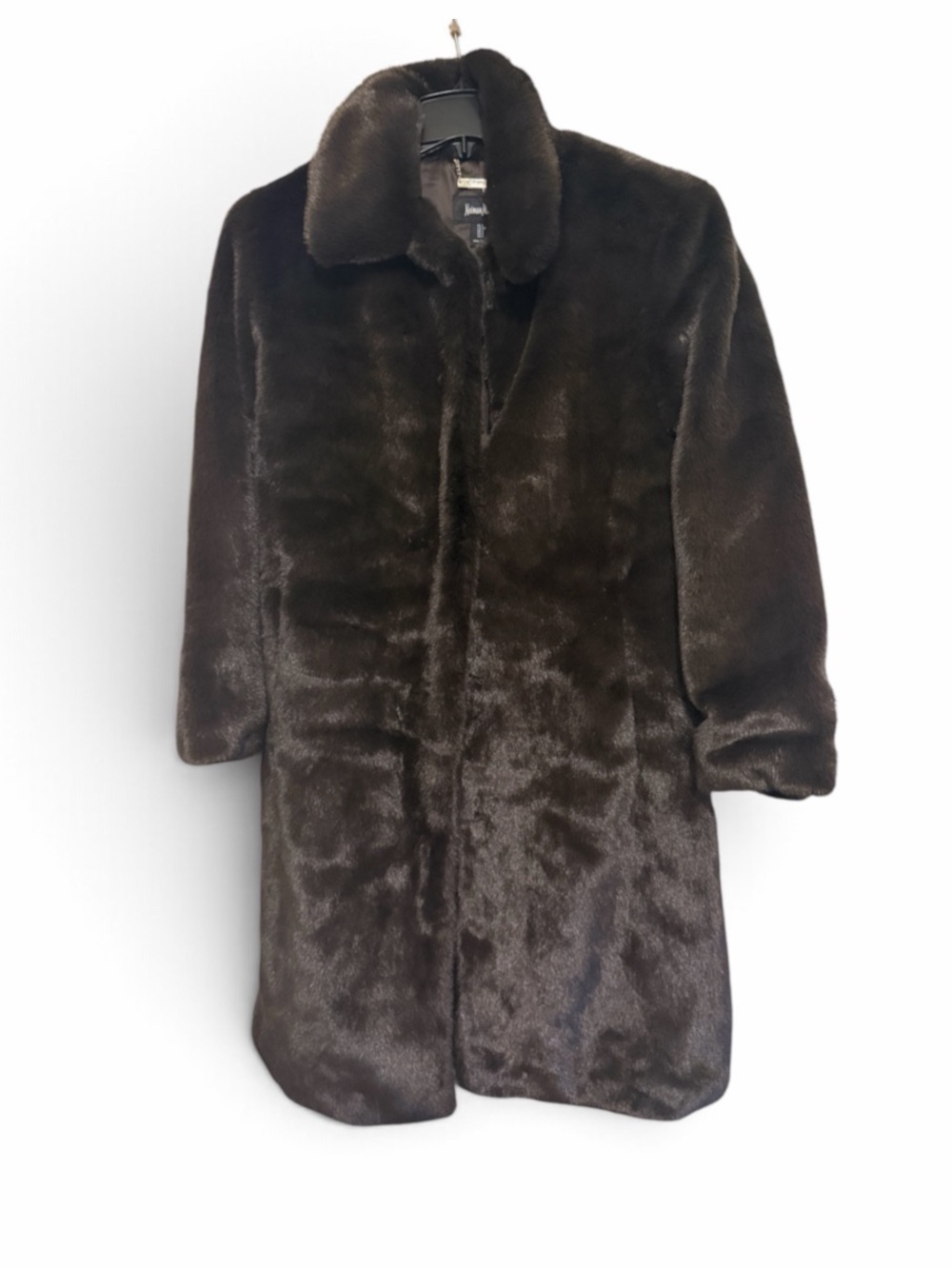 Neiman Marcus Dark Brown Faux Fur Coat w/faux leather gloves attached NWT